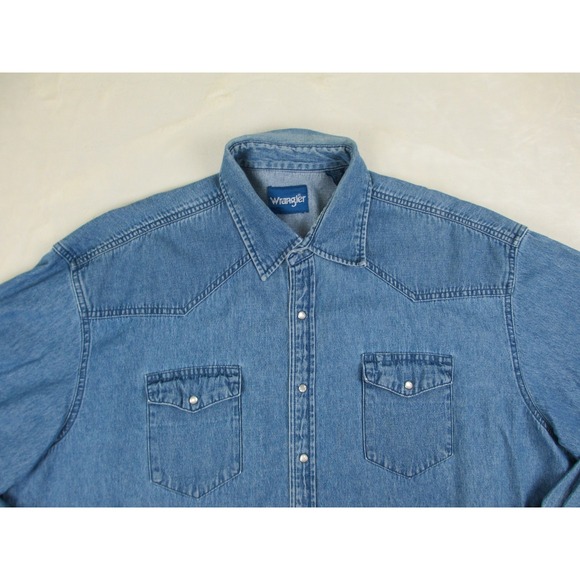 Wrangler Shirt Mens 2XL XXL Blue Denim Button Up Pearl Snap Heavy Cowboy Western - Picture 3 of 9